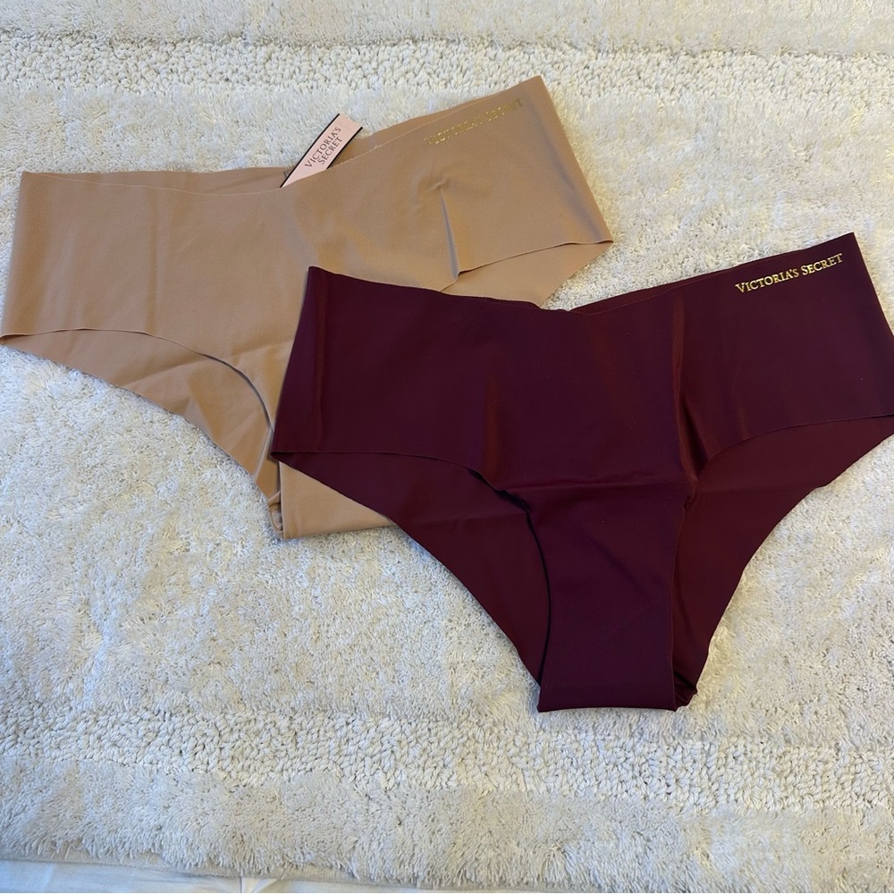 2 Victoria’s Secret Beige Burgundy No Show Cheeky Panty Medium